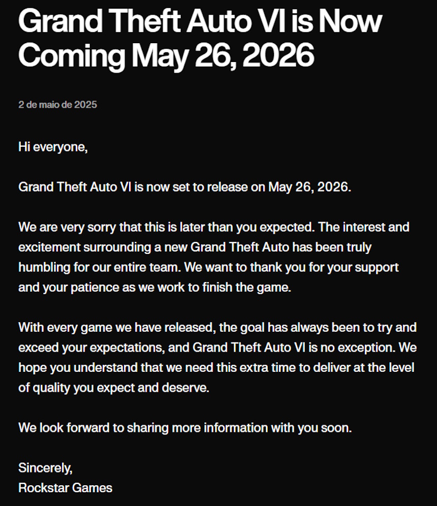 GTA 6 GTA 6 é adiado para 2026