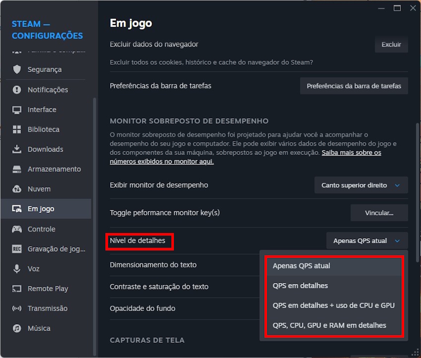 Steam Como usar a ferramenta de monitorarmento de desempenho da Steam - Passo 4